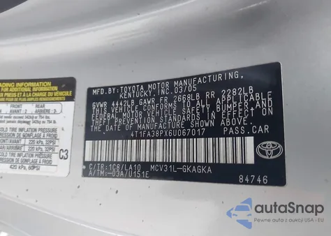 2006 Toyota Camry Solara Sle z USA, uszkodzony, nr VIN 4T1FA38PX6U067017